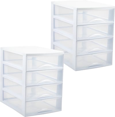 Plasticforte Ladekastje bureau organizer - 2x - 4 lades - wit/transparant - L26 x B35 x H36 cm - kunststof