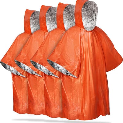 4 stuks - Waterdichte overlevingsdeken - Nooddeken - 125cm*100cm - Omkeerbaar - met Capuchon - Waterdicht - Winddicht - Draagbaar - Thermische nooddeken - Reddingsdeken - Isolatiedeken - Folie Deken Geïsoleerde Survival Dekens