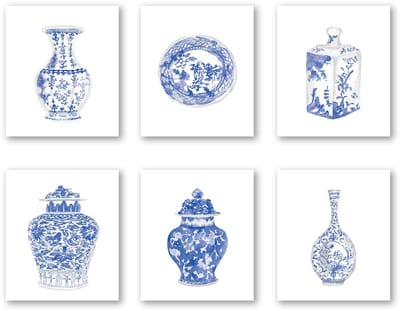 Wall Art Print- Slaapkamer of Studie Decor - Chinees Blauw Wit Porselein Vaas Canvas Print (Set van 6)-Niet ingelijst-8X10 inch