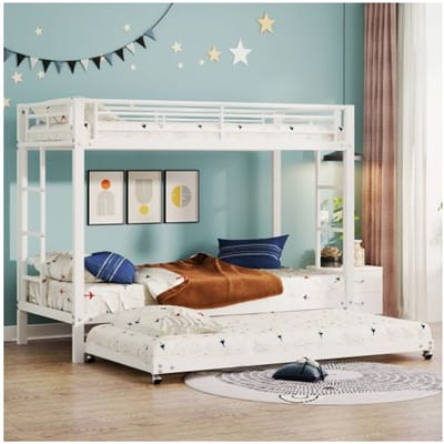 Stapelbed - MUVOE - 90x200 - Wit metaal - Hoge gecertificeerde EN747 veiligheidshekken - Uittrekbaar bed met lade wit