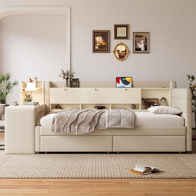 Pugsdrly Dagbed, 90*200 cm, dagbed, slaapbank, met 2 lades, bureau, USB + Type C, opklapbaar opbergvak, opbergvak, bed met lattenbodem (zonder matras), linnengoed, beige gestoffeerd bed