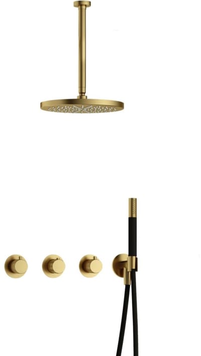 Hotbath Cobber X - CX7067 - Inbouw Regendoucheset - Geborsteld Messing PVD - 2 Stopkranen - Thermostatisch - Plafondbuis 30 cm - Hoofddouche 300 mm - Staafhanddouche - met M106 - Waterbesparend
