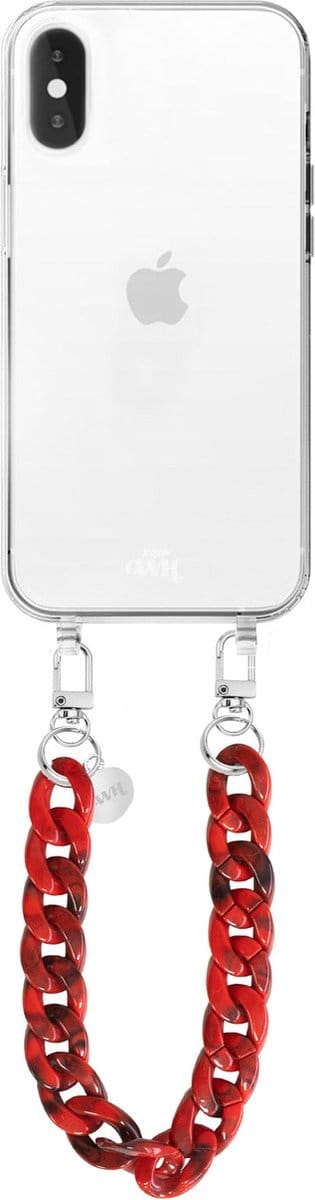 xoxo Wildhearts siliconen hoesje - Geschikt voor iPhone XS Max - Red Roses - Telefoonhoesje - Hoesje met koord - Rood koord - kort telefoonkoord - Transparant hoesje (korte variant)