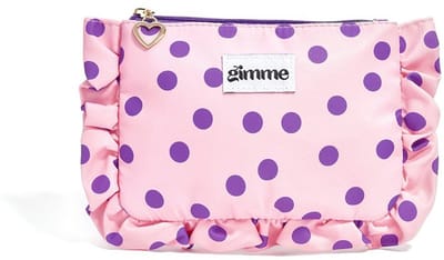 Toilet en make-uptasje Julie – roze met paarse stippen - etui met ruffles en ritssluiting - 19 x 13 cm