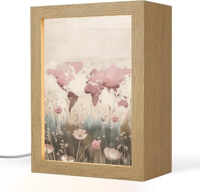 Tafellamp 15x20 cm - LED lamp - Wereldkaart - Roze - Bloemen - Decoratieve tafellampen - Dimbaar - Tafellampje slaapkamer - Woonkamer binnen