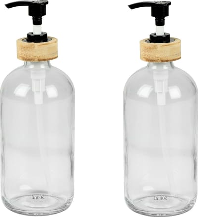 Urban Living Zeeppompje/zeepdispenser - 2x - glas/bamboe - transparant - 0.5 liter - 21 cm