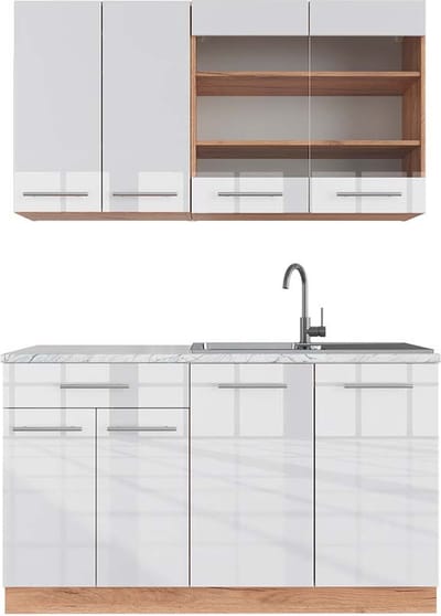 Vicco Fame-Line Eenpersoonskeuken – 140 cm, WB Marmer Wit hoogglans/goud power eiken
