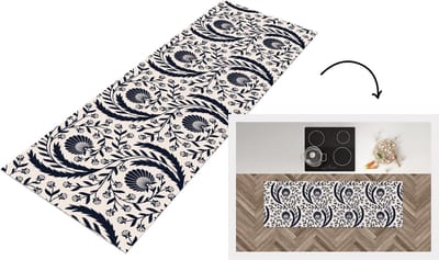 Keukenloper - Loper keuken - Patroon - Bloem - Zwart - 150x50 cm - Keukenloper vinyl