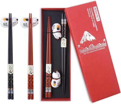 Set van 2 Houten Sushi Eetstokjes met Katten Keramische Pads in Luxe Cadeaubox - Duurzaam, Japans, Chinees, Koreaans, Taiwanees