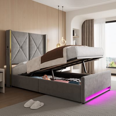 HAUSS SPOLE Gestoffeerd Bed 90x200 cm - Met USB, Type C en LED - Met Opbergruimte - Zonder Matras - Fluweel - Donkergrijs