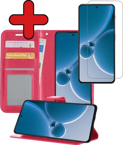 Hoesje - Met Screenprotector - Geschikt voor OnePlus Nord 3 - Luxe Pasjeshouder - Flipcase - Bookcase Portemonee - Flip Case - Kunstleer Book Case - Book Cover - Walletcase - Portemonneehoes - Telefoonhoes - Donkerroze