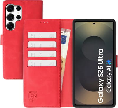 Rosso Element Geschikt voor Samsung Galaxy S25 Ultra | Wallet Book Case | Portemonnee Hoesje | 4 Pasjes | Magneetsluiting | Stand Functie | Rood