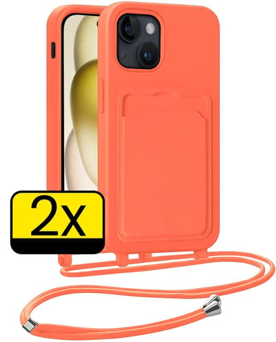 Hoesje Geschikt voor iPhone 15 Plus Telefoonhoesje Met Koord Case Pashouder Siliconen - Hoes Geschikt voor iPhone 15 Plus Hoesje Met Kaarthouder - Papaya - 2 Stuks