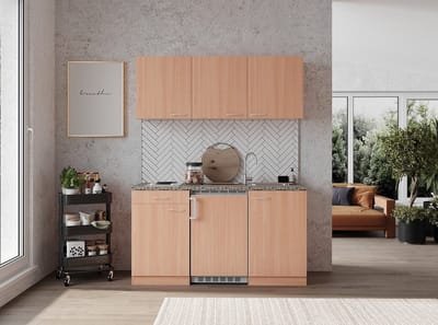 Goedkope keuken 150 cm - complete kleine keuken met apparatuur Gerda - Beuken/Beuken - elektrische kookplaat - koelkast - mini keuken - compacte keuken - keukenblok met apparatuur