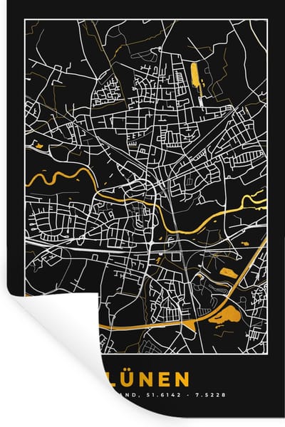 Muurstickers - Sticker Folie - Stadskaart - Black and Gold - Lünen - Kaart - Plattegrond - Duitsland - 20x30 cm - Plakfolie - Muurstickers Kinderkamer - Zelfklevend Behang - Zelfklevend behangpapier - Stickerfolie
