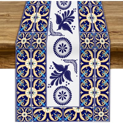 Mexico Bloemen Vogels Dag van de Doden Linnen Tafelkleed Huisdecoratie Mexicaans Blauw Patchwork Tegels Keukentafelkleed Feestdecoratie 150x33cm