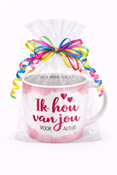 Mok - Koffie - Cadeau - Traktatie - Ik hou van jou - Lieverd Love You - Keramiek - Cadeauverpakking met gekleurd lint
