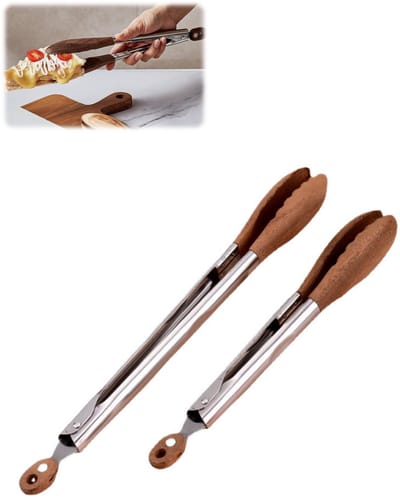 2 stuks - Voedseltang - Walnotenhout - BBQ-tang - Barbecuetang - Roestvrij staal - Geschikt voor keuken en barbecue - 23 cm + 30 cm - Natuurlijke houtafwerking