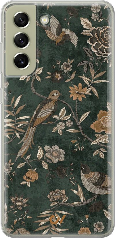 Hoesje geschikt voor Samsung Galaxy S21 FE hoesje - Khaki Golden Flowers - - Groen - - Casevibes