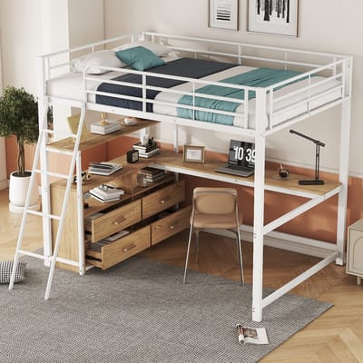 MODFU Hoogslaper 140x200 cm – 204x199x180 cm – Met L-vormig bureau & lades – Wit – Metaal/MDF – Ruimtebesparend