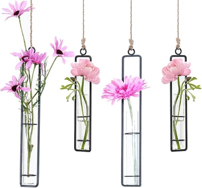 Vaas,Tianher 4 Stuks Zwart Glazen Plantenvaas voor aan de Muur Smeedijzeren Reageerbuis Geschikt voor Wanddecoratievazen voor Kleine Droogbloemen en Groene Hydrocultuurplanten
