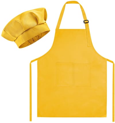 Schort Set, Verstelbare Kinder Schilder Schort en Chef Hoed met 2 Grote Zakken voor Kinderen Koken Schilderen Bakken Activiteit, Geel, 23.5" x 18.3"