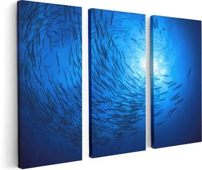 Artaza Canvas Schilderij Drieluik Zwerm Vissen in de Oceaan - 120x80 - Foto Op Canvas - Canvas Print