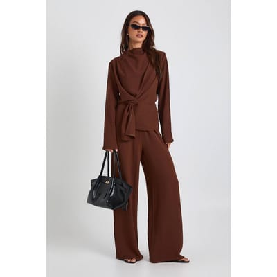 boohoo Dames Lang Geweven Draperende Lange Mouw Blouse & Broek Co-ord | Chocolate | Maat: 6
