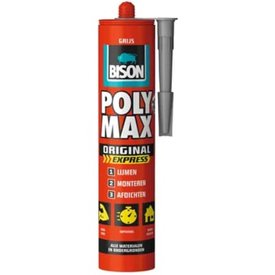 Bison Poly Max Express grijs koker 425 gram, montagelijm, lijmen, monteren en afdichten, SMP technologie, oplosmiddelvrij, binnen en buiten, vrijwel alle ondergronden
