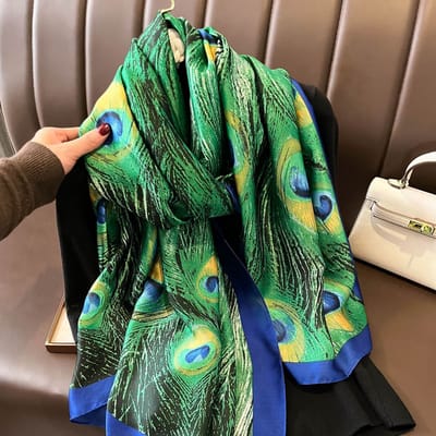 Zachte Imitatiezijde Sjaal 90x180 cm voor Dames - Hoofddoek, Bandana en Halsdoek-F-38 - Green Feather