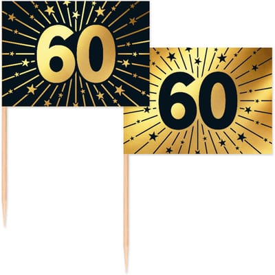 50 Vlagprikkers goud / zwart 60 jaar - Golden Celebrations - Hapjes Cocktailprikkers Tapas Prikkers Feestje
