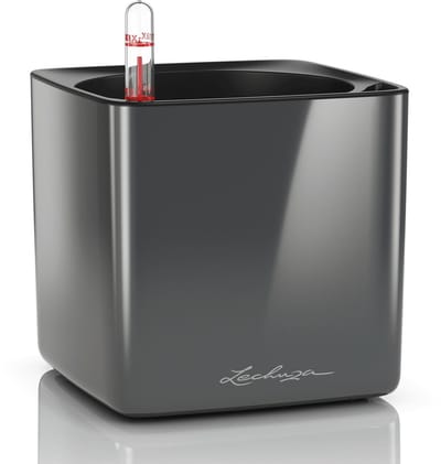 LECHUZA CUBE Glossy 14 - Plantenbak - met uitneembare binnenbak - met bewateringssysteem - ALL-IN-ONE set - antraciet hoogglans