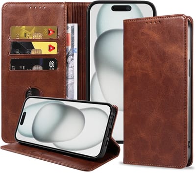 Smartphonica Telefoonhoesje Geschikt voor iPhone 15 Kunstleer met Magnetische sluiting en Pasjeshouder Bookcase met Klepje - Donkerbruin geschikt voor iPhone 15