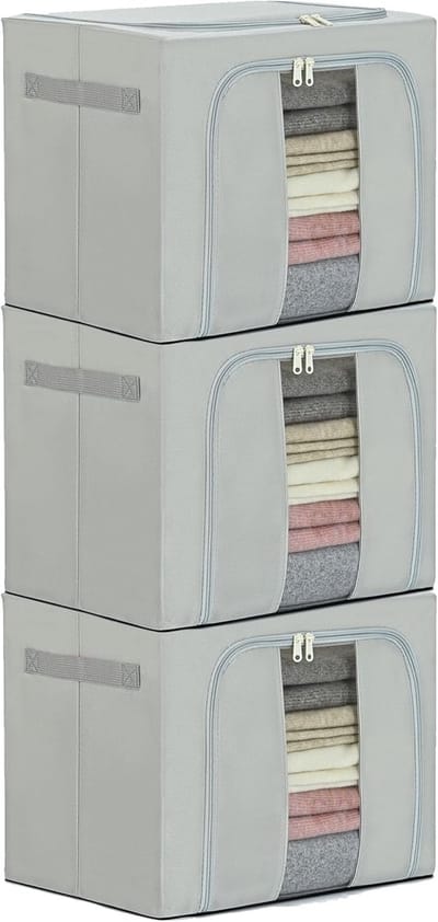 opbergtas en opbergdoos met deksel, stabiel, kledingkastorganizer van metalen frame, waterdicht, stofdicht, insectenbestendige opbergdoos, 3 x 40 l