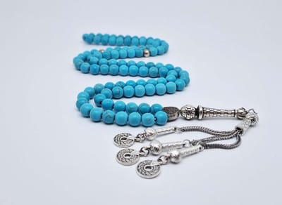 Handgemaakte tesbih "Tasbih" natuursteen "Turkoois" - Aantal kralen 99 - Diameter kralen 8MM - met metaal tassel "Cirkels" - Een mooi cadeau-idee