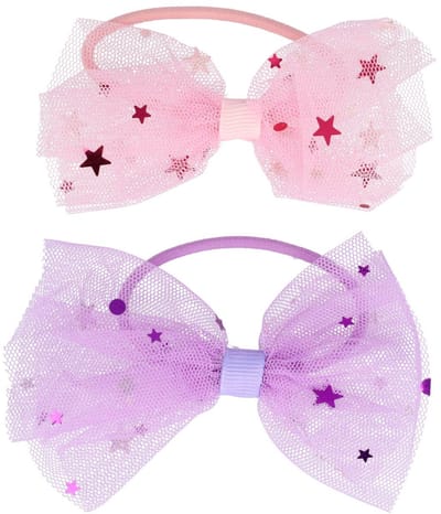 Haarsoires Haarelastieken – Strik 9cm – Tule Stof - Glitters – Roze Paars – Set van 2
