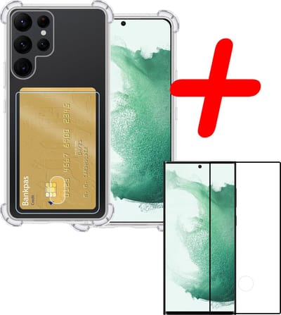 Hoesje Geschikt voor Samsung Galaxy S22 Ultra - Met Screenprotector - En Pashouder - En Kaarthouder - Telefoon Hoes Shockproof - Siliconen Case - Back Cover - Shock Proof - Pasjes Houder - Transparant