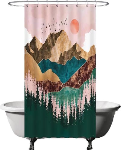 Ulticool Douchegordijn Anti Schimmel – Kunst Natuur Bos Bergen Bohemian - 120x200 cm – Inclusief Ringen – Waterdicht & Wasbaar - Semi Transparant - Aesthetic Hippie Boho Landelijk - Roze Blauw Groen