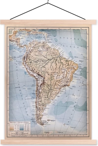 Posterhanger incl. Poster 60x80 cm - Schoolplaat - Klassieke wereldkaart Zuid-Amerika - Textielposter - Blanke latten