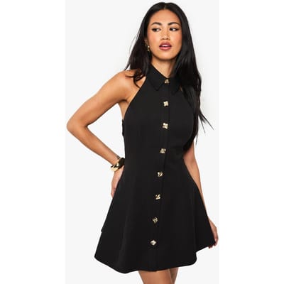 boohoo Dames Gouden Knop Getailleerde Mouwloze Shirt-Minijurk | Zwart | Maat: 36