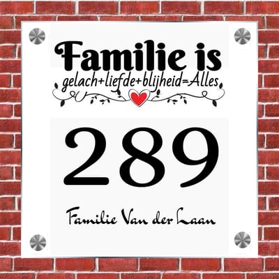 Naambordje plexiglas 15x15x0,5cm Huisnummer model familie1000- met naam bedrukken Huisnummerbordjes, Naambordje voordeur, naamplaatje voordeur, huisnummer bord, huisnummer borden