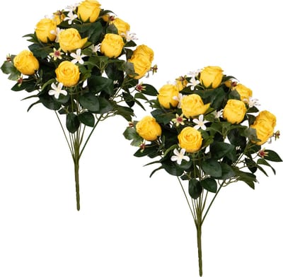 Louis Maes Kunstbloemen boeket rozen/bloesem met bladgroen - 2x - geel - H49 cm - Bloemstuk