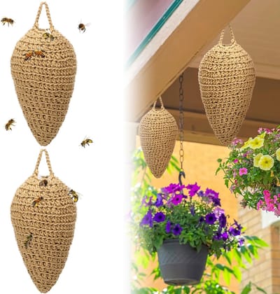 2-delige gehaakte wespenlokkering – Nepwespennest als afschrikker – Hangende tuindecoratie – Beige – 19,4 x 12 cm
