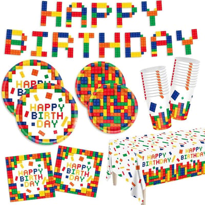 Bouwsteen Feestservies - Verjaardag Set Wegwerpservies - Kinderfeestje Organiseren - Waterdicht en Oliebestendig - 102 stuks - Multicolor