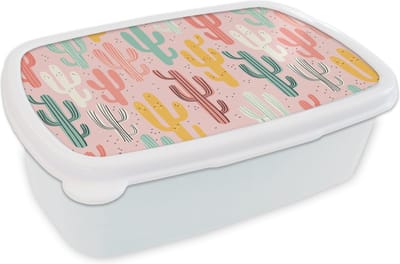 Broodtrommel Wit - Lunchbox - Brooddoos - Cactus - Patronen - Roze - 18x12x6 cm - Volwassenen