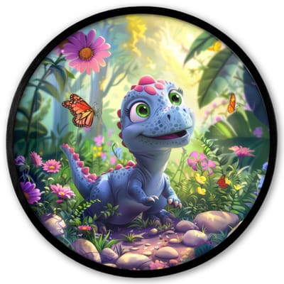 Poster in lijst Rond - Fotolijst 40x40 cm - Posters - Dino - Paars - Baby - Dinosaurus - Ronde posterlijst zwart - Decoratie - Wanddecoratie woonkamer - Muurdecoratie slaapkamer