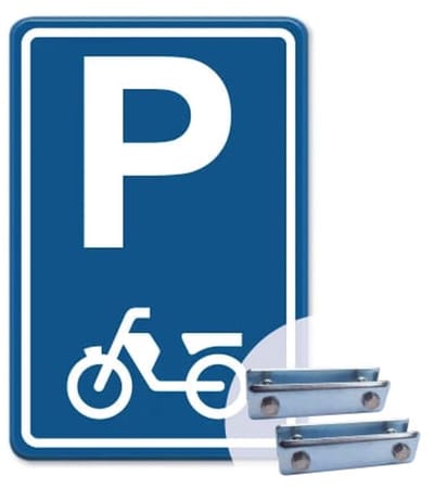 Parkeerbord Bromfiets - blauw - Weerbestendig Aluminium - 40x60 cm - Bevestiging: Met hekbeugels (voor spijlen- of gaashek)