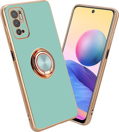 Cadorabo Hoesje geschikt voor Xiaomi RedMi NOTE 10 5G / POCO M3 PRO 5G in Glossy Turquoise - Goud met ring - Beschermhoes van flexibel TPU-silicone Case Cover met camerabescherming en magnetische autohouder