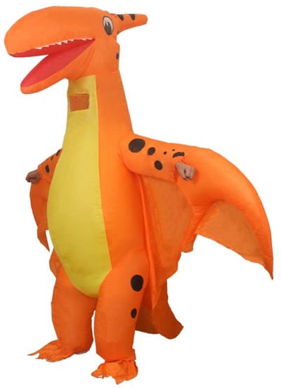 KIMU® Opblaas Kostuum Pterosaurus Oranje - Opblaasbaar Pak - Dinopak Mascotte Opblaaspak - Opblaasbare Dinosaurus Vliegende Dino Dames Heren Festival