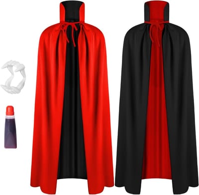 Zwarte en Rode Cape met Kap, Dubbelzijdig met Vampiertanden voor Halloween, Carnaval en Feestdagen, 150 cm, 90 cm